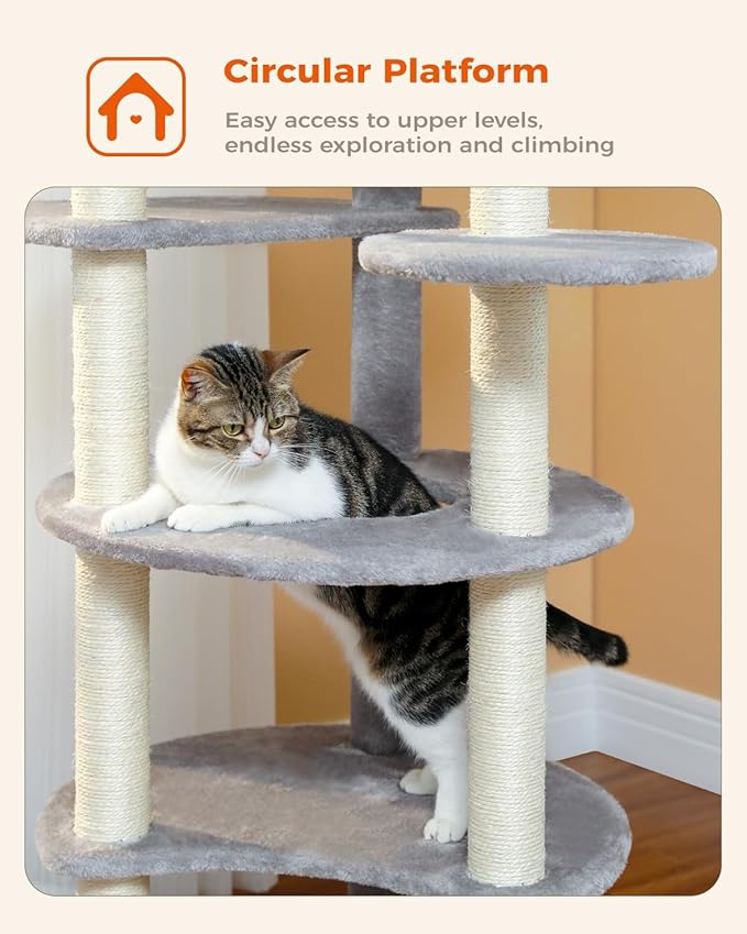 PETEPELA 61" Cat Tree for Indoor Cats, [6-Levels] Cat Climbing Tower with 9 Sisal Scratching Posts and Replaceable Dangling Ball &amp;Top Perch, Grey