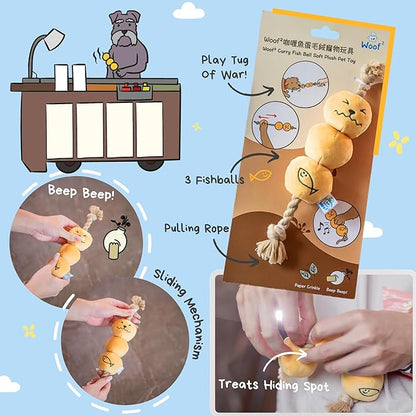Curry Fishball Soft Plush Squeaky Dog Pull Toy - Durable, Iconic, Cute &amp; Fun Rope Toy for Interactive Bonding Time, Sliding Mechanism, Hide Food for Puzzle Play, Small Medium Dogs