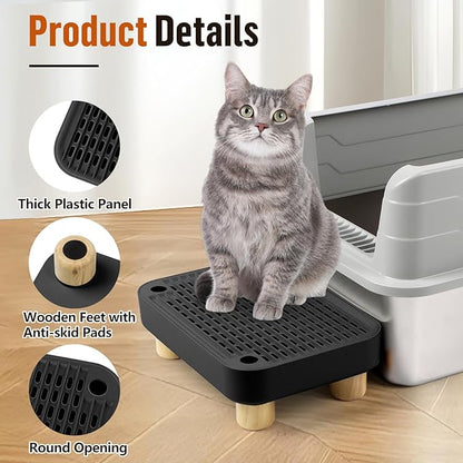 Cat Litter Box Step Ramp, Cat Litter Catcher Mat with Wooden Feet, Filter Function, Cat Pedal Stool for Self-Cleaning Cat Litter Box, Ideal for Kitten &amp; Elderly Cats (Black)