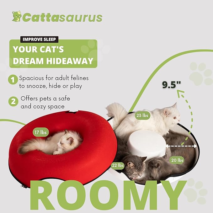 Cattasaurus Peekaboo Cat Cave, Extra Spacious for Multiple &amp; Large Cats 12+ lbs, Scratch Detachable Cat Beds for Indoor Cats, Washable Tunnel Bed, Comfy Cat Donut Tunnel (Ruby Snowball, Jumbo)