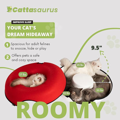 Cattasaurus Peekaboo Cat Cave, Extra Spacious for Multiple &amp; Large Cats 12+ lbs, Scratch Detachable Cat Beds for Indoor Cats, Washable Tunnel Bed, Comfy Cat Donut Tunnel (Ruby Snowball, Jumbo)
