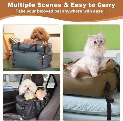 2 and 1 Center Console Dog Car Seat &amp; Carrier for Small Dogs, Large Leather Dog Car Bed with Storage Pocket, Waterproof PVC Leather Seat Travel Bed for Front &amp; Back Seat, Clip-On Safety Leash