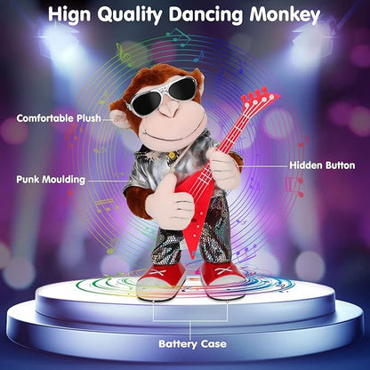 Dancing Monkey Plush Toy, Stuffed Toys, Dancing Singing, Body Shaking, and Guitar Shaking, Punk Molding, One Button Control, Children&