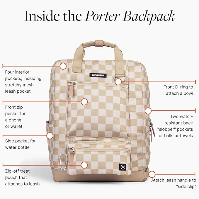 Porter 2-in-1 Dog Gear Backpack – Premium Dog Travel Bag with 10 Pockets, Zip-Off Treat Pouch, Leash Clip, Waterproof Pockets &amp; Water Bottle Holder – Weekend, Hiking, Camping, Checkerboard