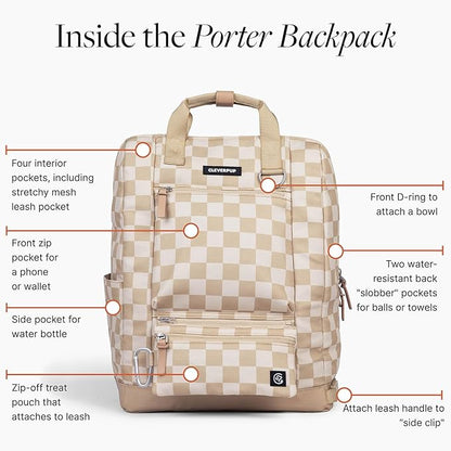 Porter 2-in-1 Dog Gear Backpack – Premium Dog Travel Bag with 10 Pockets, Zip-Off Treat Pouch, Leash Clip, Waterproof Pockets &amp; Water Bottle Holder – Weekend, Hiking, Camping, Checkerboard