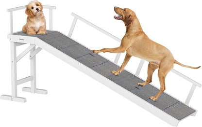 Onelike Wooden Dog Ramp for Bed with Removable Side Rail and Non-Slip Carpet, Stable Pet Ramp Stair for Couch Sofa for Small &amp; Large &amp; Senior Dogs, 74" Long Ramp White