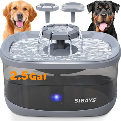 SIBAYS 2.5Gal/9.5L Dog Water Fountain for Large Dogs, 3 Flow Modes Large Pet Water Fountain for Cats, Automatic Dog Water Bowl Dispenser with 7" Filter &amp; Smart LED Pump, Quiet, BPA-Free Material(FS68)