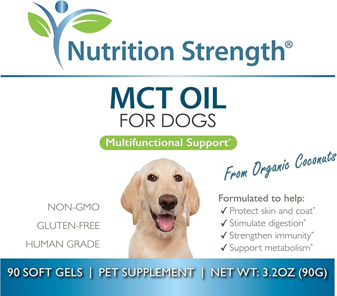 MCT Oil for Dogs from Organic Coconuts, Medium Chain Triglycerides with Caprylic Acid &amp; Capric Acid to Protect Skin and Coat, Boost Immunity, Support Metabolism, 90 Soft Gels