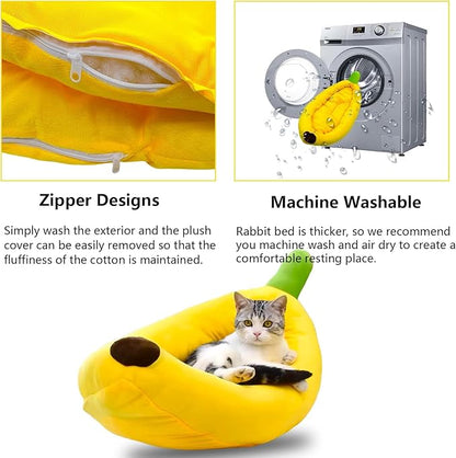 Bunny Bed,Rabbit Bed,Thick&amp;Soft with Removable Mat,Machine Washable Guinea Pig Cushion,Cozy Bunny Plush House,Warm Small Animal Sleeping Beds(Yellow Banana Shape-M)