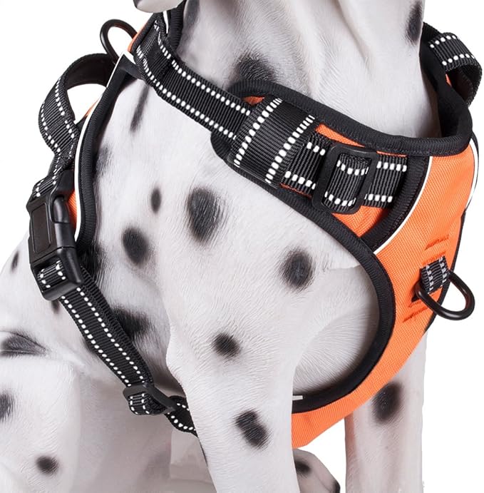 PoyPet No Pull Dog Harness, Reflective Comfortable Vest Harness with Front &amp; Back 2 Leash Attachments and Easy Control Handle Adjustable Soft Padded Pet Vest for Small to Large Dogs (Orange,S)