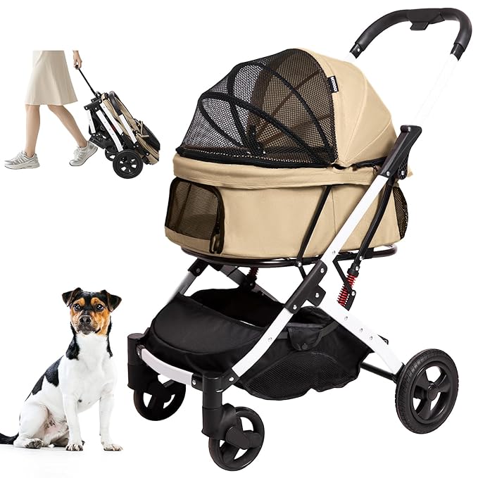 Pet Stroller for Medium Small Dog &amp; Cat, Foldable Lightweight Dog Stroller with Storage Basket Pet Travel Carriage with Safety Leashes, 4 Wheel, Khaki
