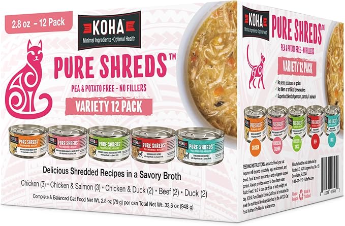 KOHA Pure Shreds Cat Variety Pack, High Protein Wet Cat Food - 5 Flavors - Beef, Duck, Chicken &amp; Duck and Chicken &amp; Salmon Food for Cats - 2.8 oz Cans, Pack of 12