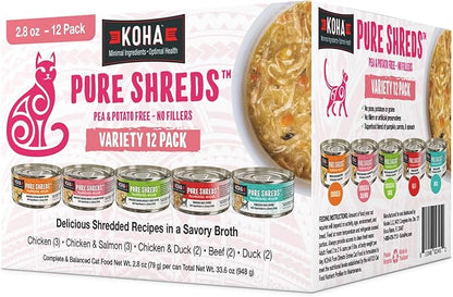 KOHA Pure Shreds Cat Variety Pack, High Protein Wet Cat Food - 5 Flavors - Beef, Duck, Chicken &amp; Duck and Chicken &amp; Salmon Food for Cats - 2.8 oz Cans, Pack of 12