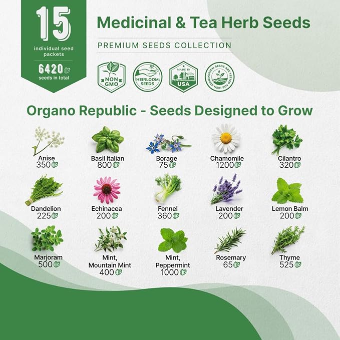 Organo Republic 15 Medicinal &amp; Tea Herb Seeds Variety Pack 6,420+ Non-GMO Heirloom Garden Seeds for Indoor &amp; Outdoors, Including Anise, Borage, Cilantro, Chamomile, Dandelion, Rosemary Seeds