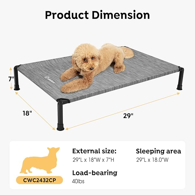 Veehoo Heavy Duty Elevated Dog Bed - Raised Dog Cot with Washable &amp; Breathable Teslin Mesh, Non-Slip Silicon Feet, Cooling for Indoor or Outdoor, 29" x 18", Black Silver