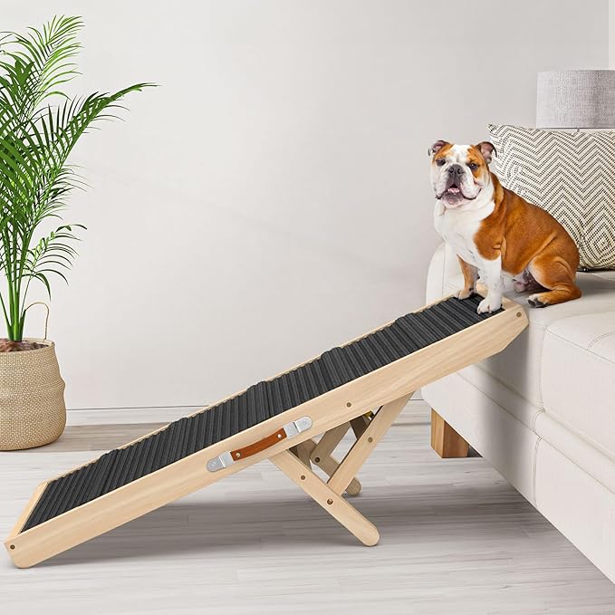 Dog Ramp for Couch, Bed, Wooden Long Pet Stairs for Small &amp; Large Old Dogs &amp; Cats, Hold up to 100lb, Adjustable Height from 11.41" to 20.47", Portable Doggie Steps (39.37" Long)