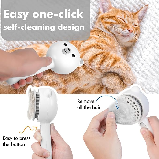 4 in 1 Pet Steam Brush for Cat &amp; Dog, Cat Steam Brush for indoor Cats, Self Cleaning Shedding &amp; Grooming Tool with Waterless Shampoo, Pet Spray Hair Removal Comb with Release Button &amp; Water Tank