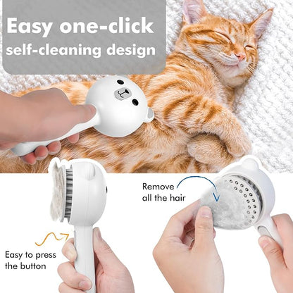 4 in 1 Pet Steam Brush for Cat &amp; Dog, Cat Steam Brush for indoor Cats, Self Cleaning Shedding &amp; Grooming Tool with Waterless Shampoo, Pet Spray Hair Removal Comb with Release Button &amp; Water Tank