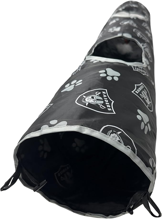 NFL Las Vegas Raiders Cat Tunnel Tube Toy with Plush Football Catnip and Feathers Collapsible Tunnel for Cats to Play, Peek and Hide, Sporty &amp; Fun Cat Tunnel Toy with Team Logo All-Over Design!