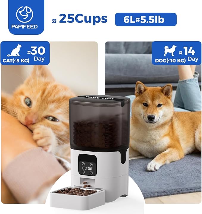 PAPIFEED 6L Automatic Cat &amp; Small Dog Feeder - Programmable Pet Feeder with 36 Daily Meals, Detachable Stainless Steel Bowl, 25 Cup Capacity Smart Food Dispenser for Easy Cleaning