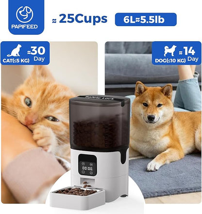 PAPIFEED 6L Automatic Cat &amp; Small Dog Feeder - Programmable Pet Feeder with 36 Daily Meals, Detachable Stainless Steel Bowl, 25 Cup Capacity Smart Food Dispenser for Easy Cleaning