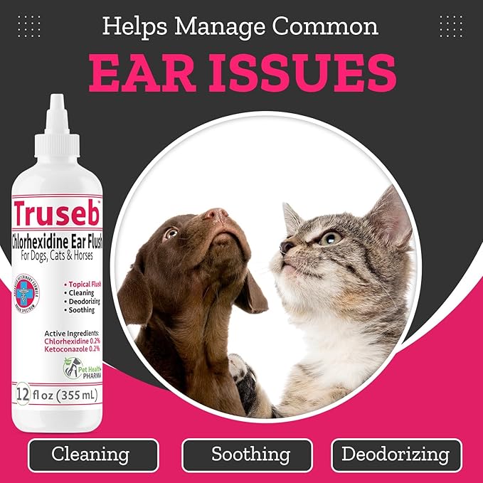 All Natural Ear Flush for Dogs &amp; Cats, Ketoconazole &amp; Chlorhexidine Ear and Vet-Strength Ear wash with a Light Scent (USA) (Ketoconazole &amp; Chlorhexidine Ear Flush, 12 oz)