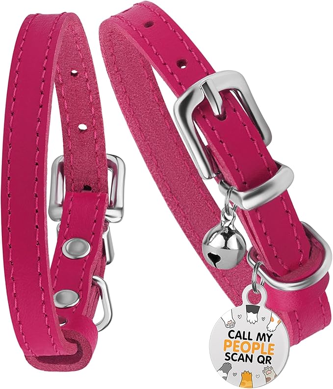 BRONZEDOG Leather Cat Collar with Removable Bells Non Breakaway Kitten QR Tag for Girl Boy (7" - 9" for Cats, Pink &amp; Silver)