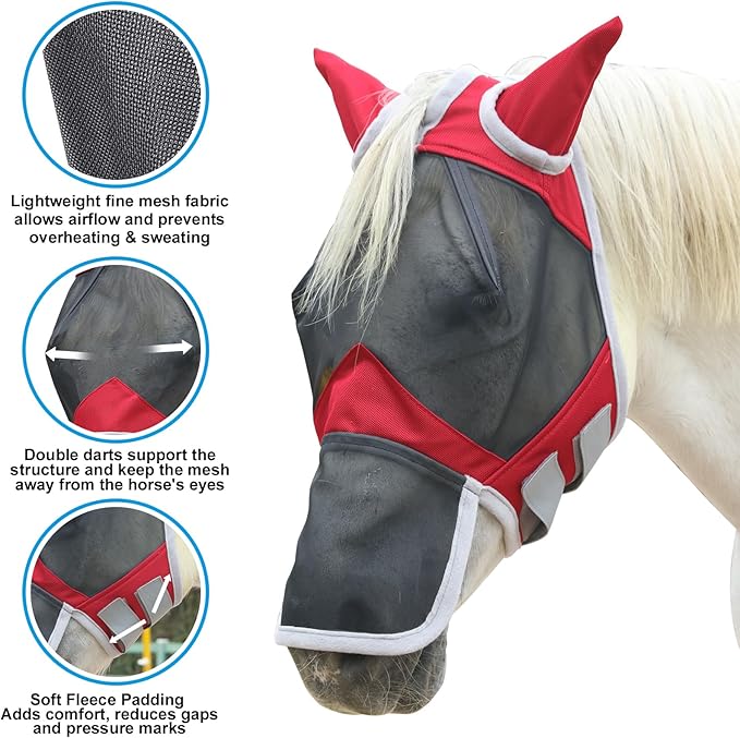 Horse Fly Mask with Ears &amp; Long Nose Cover | Forelock Opening for Tangle-Free Mane Care | UV Protection &amp; Breathable Mesh | No Rub Fit and Enhanced Visbility for Trail Riding Red Pony