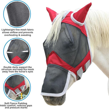 Horse Fly Mask with Ears &amp; Long Nose Cover | Forelock Opening for Tangle-Free Mane Care | UV Protection &amp; Breathable Mesh | No Rub Fit and Enhanced Visbility for Trail Riding Red Full