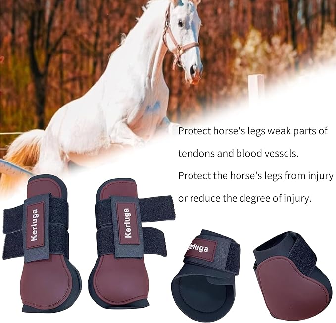 Horse Tendon Boots Set of 4 Open Front &amp; Fetlock Boot for Horses Professional Sport Protection Impact-Absorbing Equine Leg Support for Jumping, Riding, Training (Wine Red, Full)