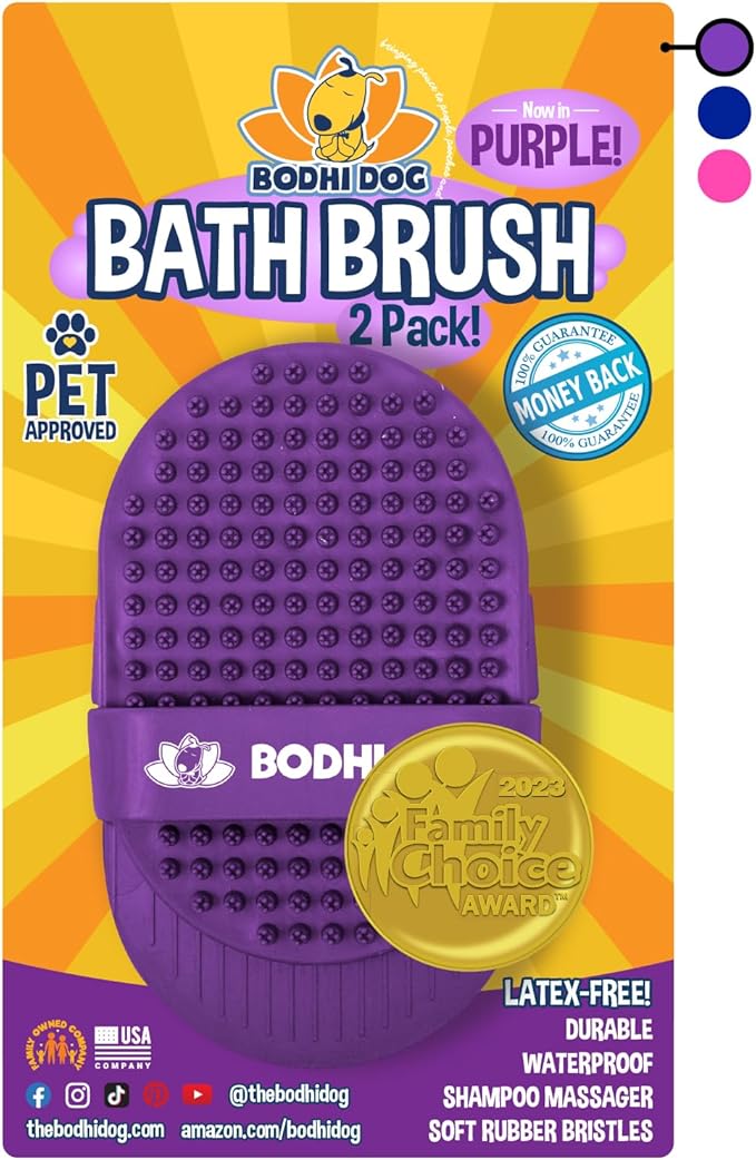 Bodhi Dog Shampoo Brush - Pet Grooming &amp; Bath Supplies for Dogs and Cats - Bath Brush for Long &amp; Short Hair - Premium Scrubber for Shower, Bathing &amp; Massage (Two Pack, Purple)