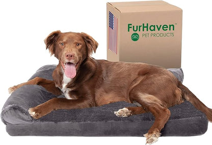 Furhaven Cooling Gel Dog Bed for Large/Medium Dogs w/ Removable Bolsters &amp; Washable Cover, For Dogs Up to 55 lbs - Plush &amp; Velvet L Shaped Chaise - Platinum Gray, Large