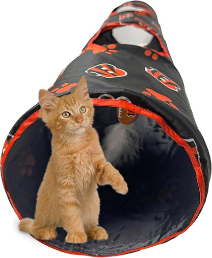 NFL Cincinnati Bengals Cat Tunnel Tube Toy with Plush Football Catnip and Feathers Collapsible Tunnel for Cats to Play, Peek and Hide, Sporty &amp; Fun Cat Tunnel Toy with Team Logo All-Over Design!