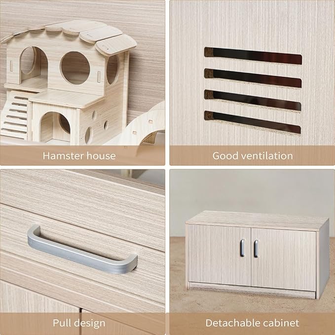 Large Hamster Cage, Wooden Hamster Cages and Habitats with Storage Cabinet and Openable Top Decorative Pet House Acrylic Panels for Hedgehog Gerbil and Rat (31.5"× 15.7"× 33.5")