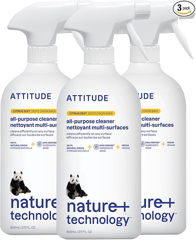ATTITUDE All Purpose Cleaner Spray, EWG Verified, Vegan, Made with 94% Plant-Based Ingredients, Streak-Free for Kitchen, Bathroom, Glass &amp; More, Citrus Zest, 27.1 Fl Oz (Pack of 3)