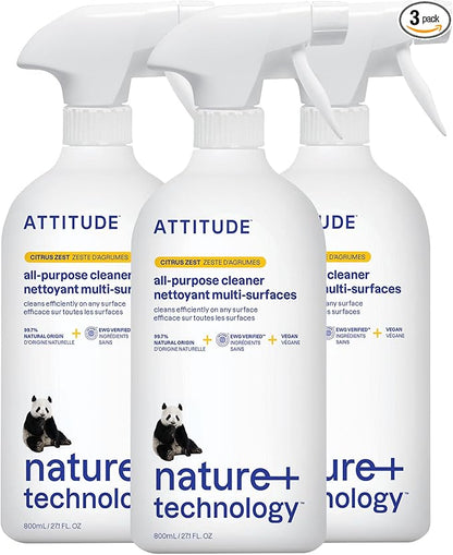 ATTITUDE All Purpose Cleaner Spray, EWG Verified, Vegan, Made with 94% Plant-Based Ingredients, Streak-Free for Kitchen, Bathroom, Glass &amp; More, Citrus Zest, 27.1 Fl Oz (Pack of 3)