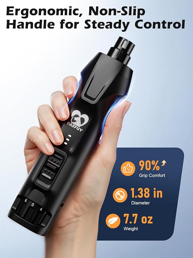 Casfuy 6-Speed Dog Nail Grinder – 50%+ Boost Power Dog Nail Trimmers Quiet with Dust Cap &amp; 2 LED Lights &amp; 2000mAh Battery &amp; 4.8V Motor Electric Pet Toenail File Tool for Large Medium Small Dogs Cats