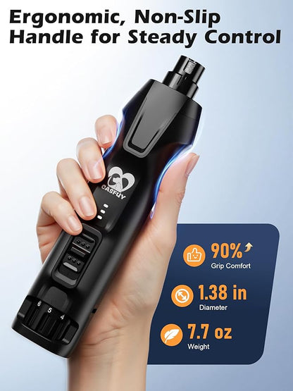 Casfuy 6-Speed Dog Nail Grinder – 50%+ Boost Power Dog Nail Trimmers Quiet with Dust Cap &amp; 2 LED Lights &amp; 2000mAh Battery &amp; 4.8V Motor Electric Pet Toenail File Tool for Large Medium Small Dogs Cats