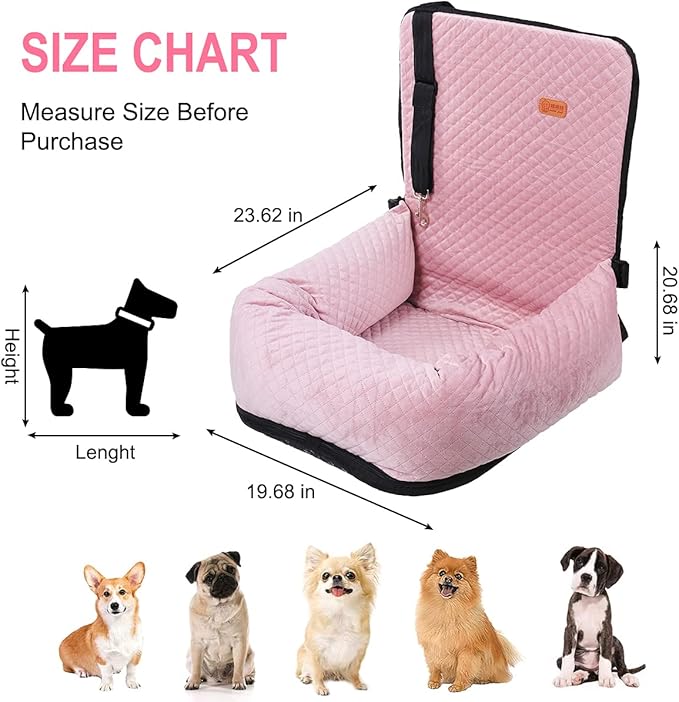 Dog Car Seat for Small Medium Dogs Up to 40lbs, Detachable Washable Soft Pet Booster Travel Bed for Front &amp; Pink Seat with Safety Leash Belt