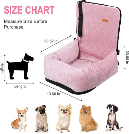 Dog Car Seat for Small Medium Dogs Up to 40lbs, Detachable Washable Soft Pet Booster Travel Bed for Front &amp; Pink Seat with Safety Leash Belt