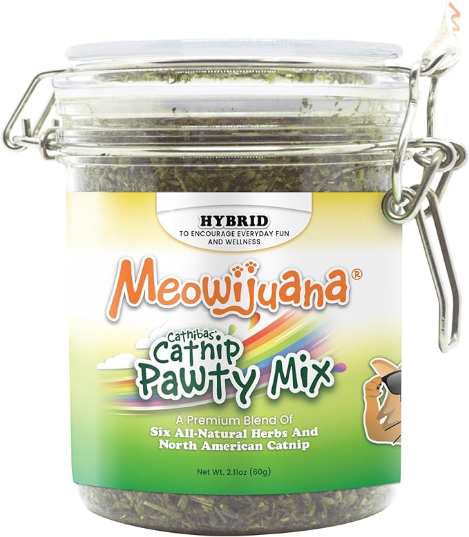 Meowijuana Catnibas Catnip Pawty Mix Jar | Premium Cat Nip for Cats with Silvervine, Passion Flower, Chamomile, Dandelion &amp; Valerian Root | High Potency Catnip | 60g