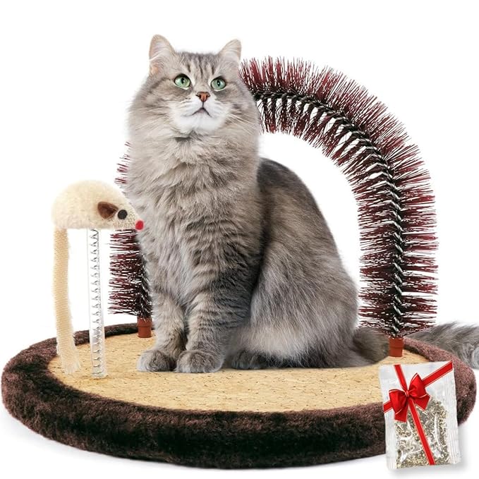 Happi N Pets Original Cat Self Groomer, Arch Grooming Brush wtih Heavy Wooden Scratching Pad, Rubbing Post &amp; Toy, Cat Face Scratchers Body Massager, Cat Scratchers for Indoor Cats, Brown