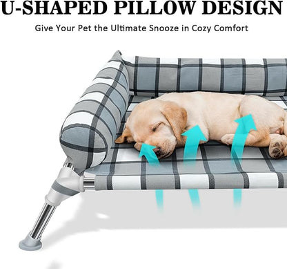 Elevated Raised Dog Bed Cot - Cooling Dog Bed with Pillows, Portable Washable Pet Cot with Metal Frame for Indoor &amp; Outdoor Use
