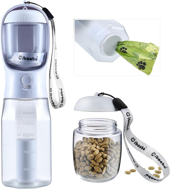 Dog Water Bottle with Food Container &amp; Poop Bag Holder, Travel Water Bowl, Portable Pet Dispenser, Dog Stuff Accessories Items, Puppy Essentials Necessities for Yorkie Chihuahua Walking Hiking