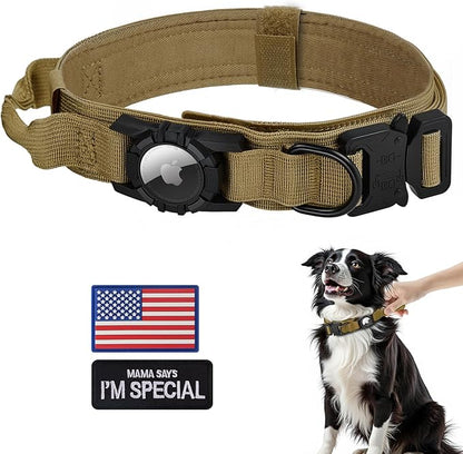Tactical AirTag Dog Collar - Heavy Duty, Adjustable GPS Collar Compatible with Apple AirTag, with Holder &amp; Control Handle for Medium/Large Dogs [ Brown, M ]