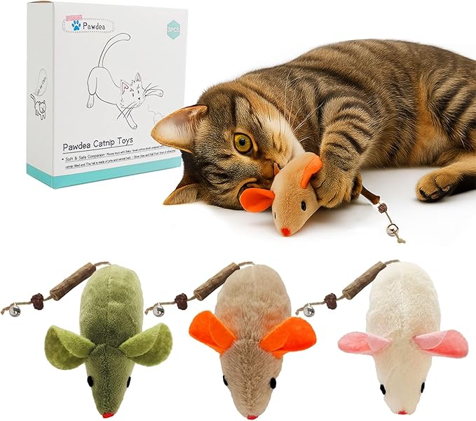 Cat Toys for Indoor Cats, 3Pcs Large 8.9" Plush Mouse Kitten Toys with Bell Tail Sound, Organic Catnip with Silvervine, Individually Packaged Dental Chew Matatabi for Exercise &amp; Oral Health