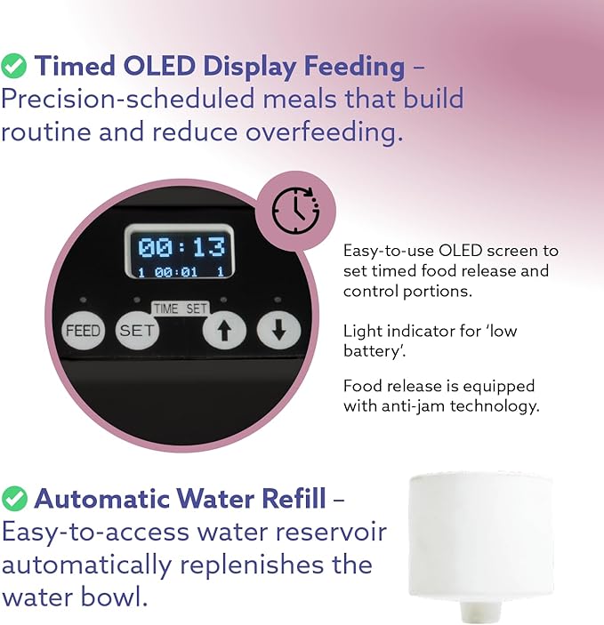 Automatic Dog &amp; Cat Food Feeder with Water Dispenser – Smart Pet Feeder with Portion Control, OLED Display, Anti Jam Design, Battery Operated Dispenser for Medium/Large Pets - Black