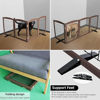 ZJSF Freestanding Dog Fence Indoor, Foldable Dog Gate for Doorways, Stairs or Hallways, Sturdy Wood Extra Wide Pet Gate with Support Feet for The House, Brown, 32 "Height-4 Panels
