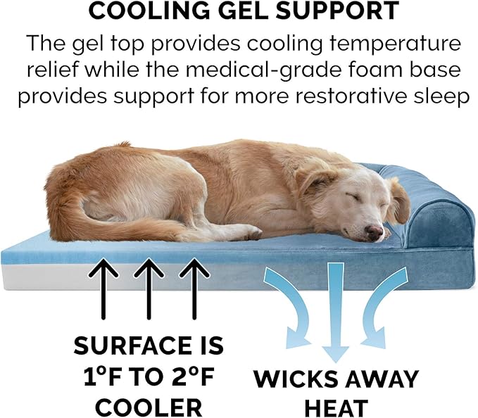 Furhaven Cooling Gel Dog Bed for Medium/Small Dogs w/ Removable Bolsters &amp; Washable Cover, For Dogs Up to 35 lbs - Faux Fur &amp; Velvet Sofa - Harbor Blue, Medium