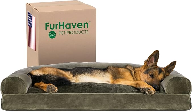 Furhaven Pillow Dog Bed for Large Dogs w/ Removable Bolsters &amp; Washable Cover - Faux Fur &amp; Velvet Sofa - Dark Sage, Jumbo/XL